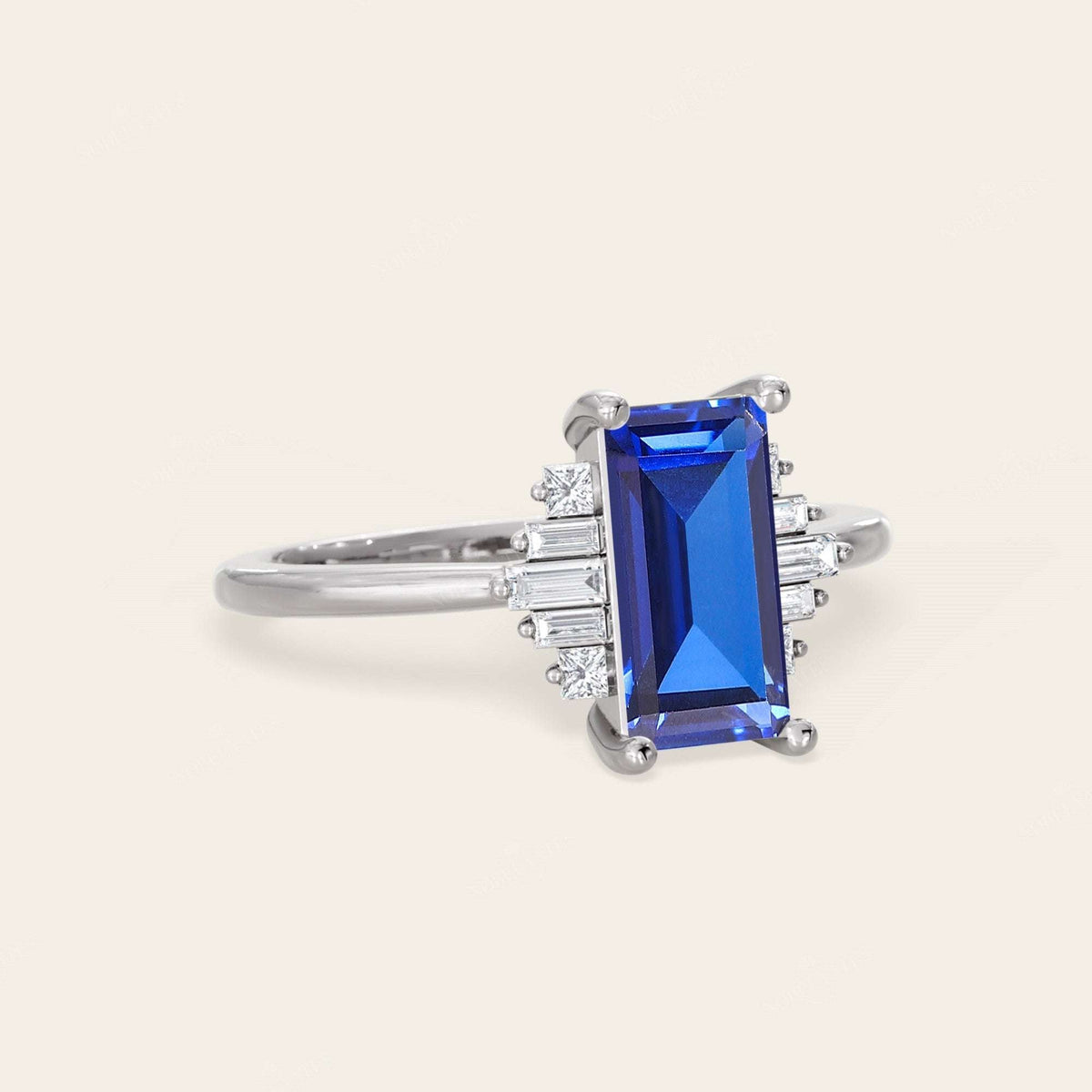 Baguette Lab Sapphire Art Deco Engagement Ring Deco Steps
