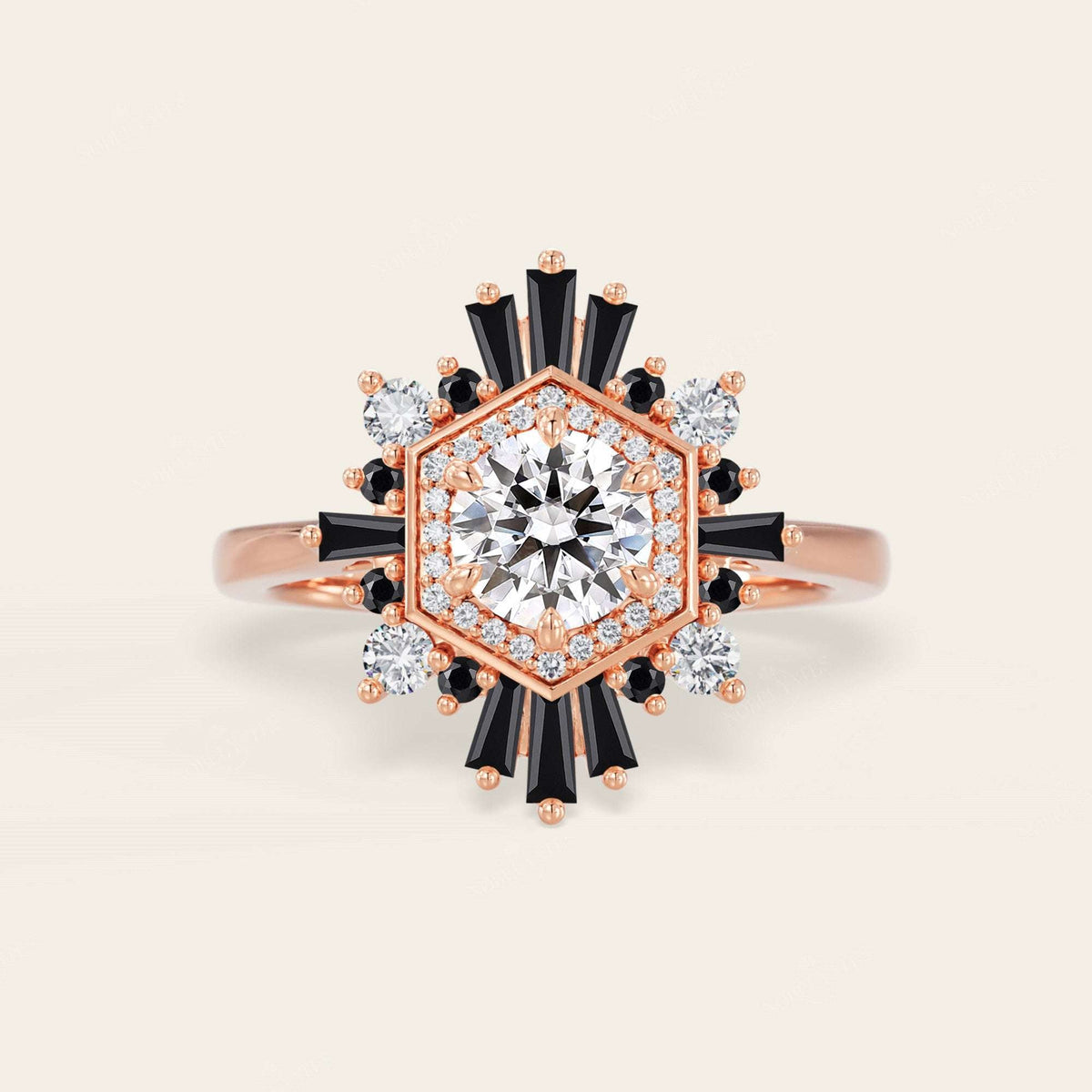 Round Lab Grown Diamond & Black Onyx Art Deco Engagement Ring