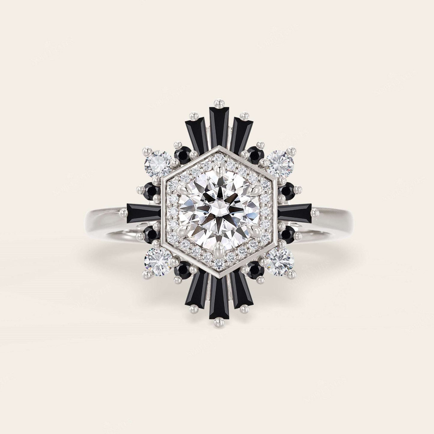 Round Lab Grown Diamond & Black Onyx Art Deco Engagement Ring
