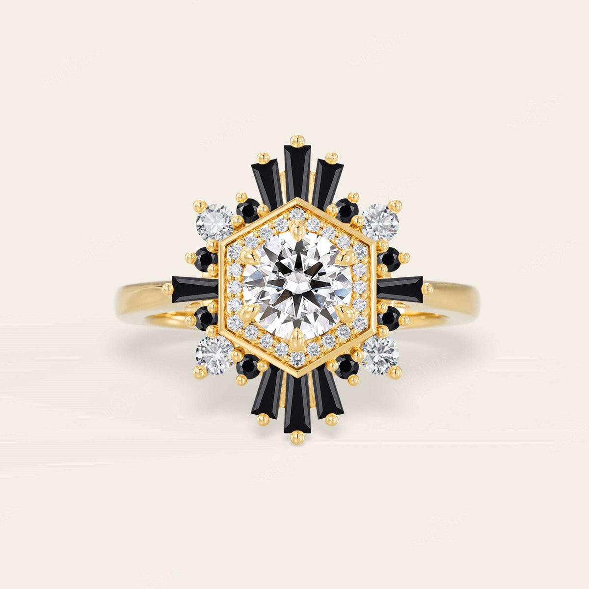 Round Lab Grown Diamond & Black Onyx Art Deco Engagement Ring