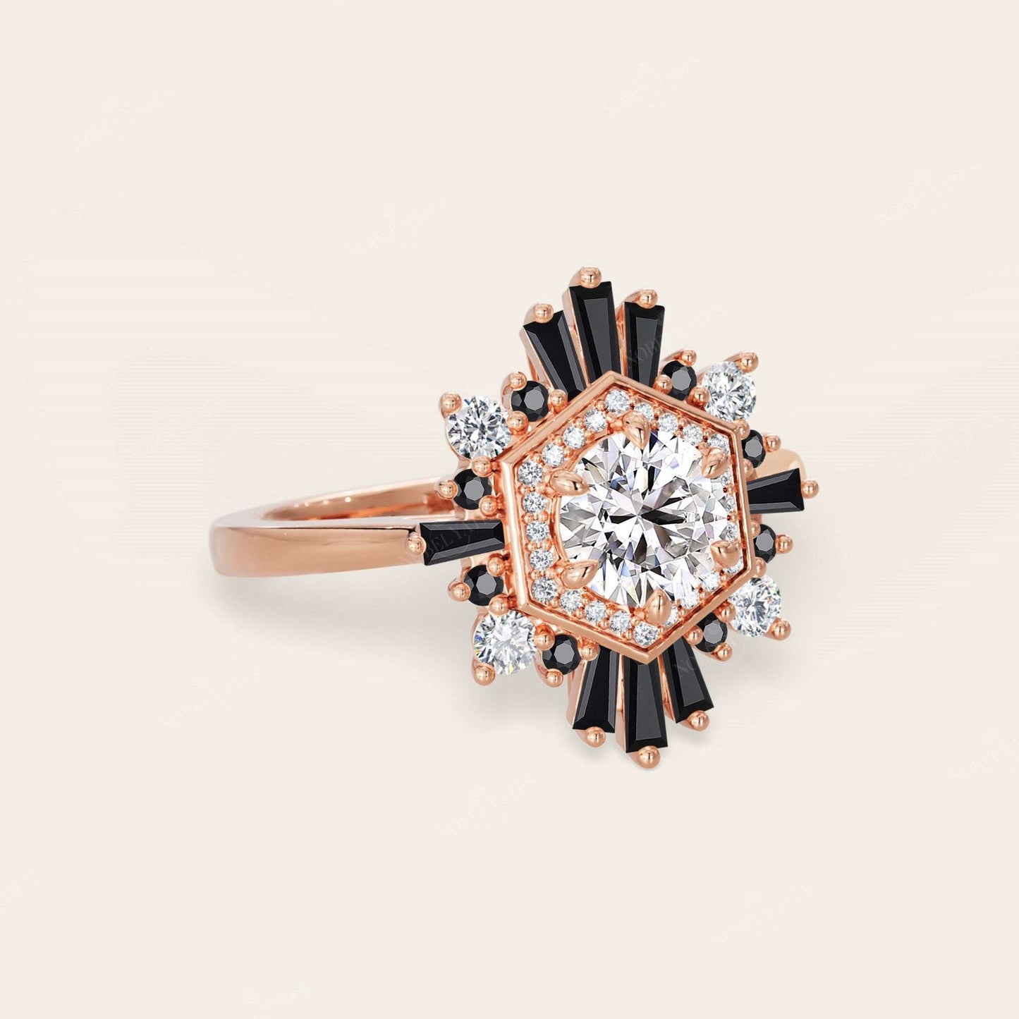 Round Lab Grown Diamond & Black Onyx Art Deco Engagement Ring