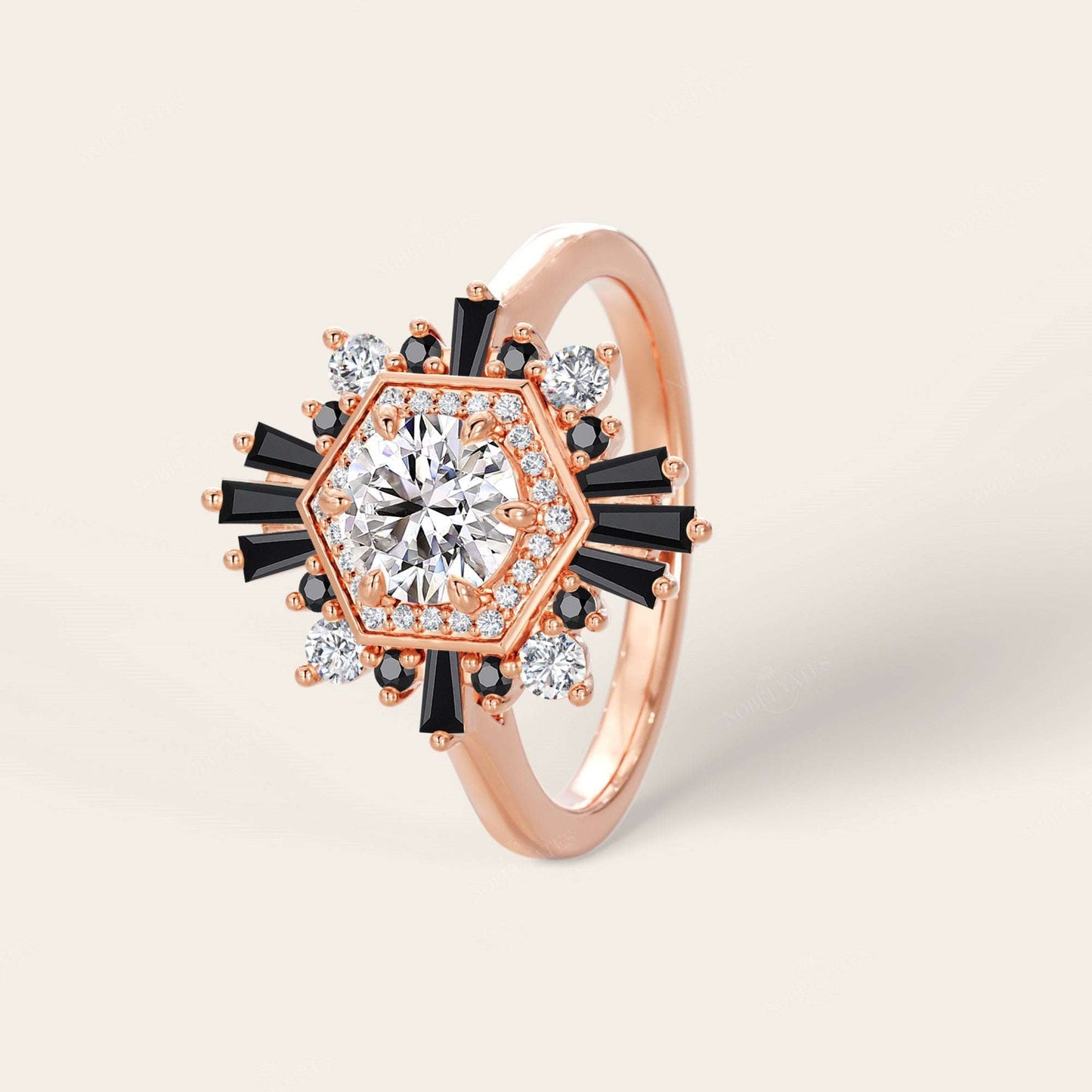 Round Lab Grown Diamond & Black Onyx Art Deco Engagement Ring