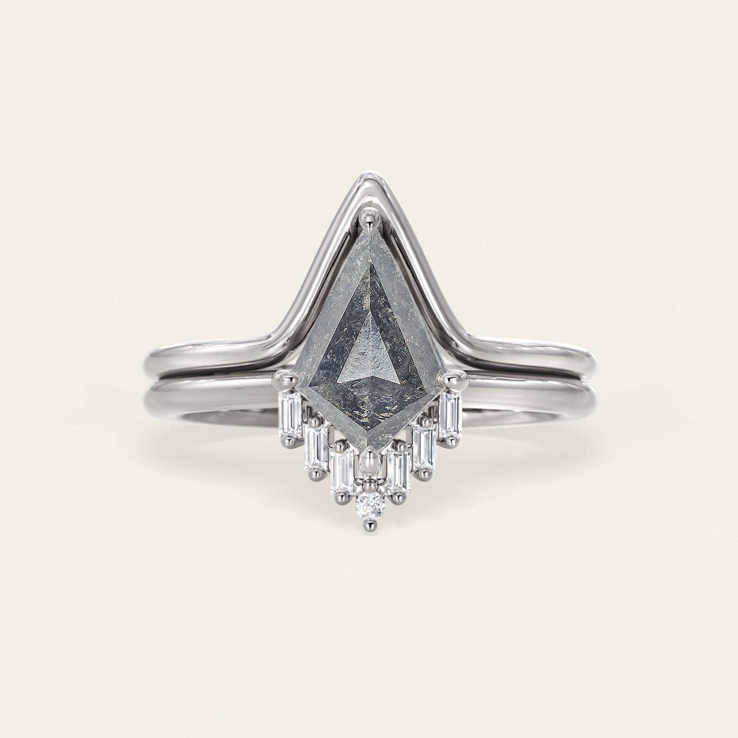 Kite Cut Salt and Pepper Engagement Ring & Curved Wedding Band 2pcs