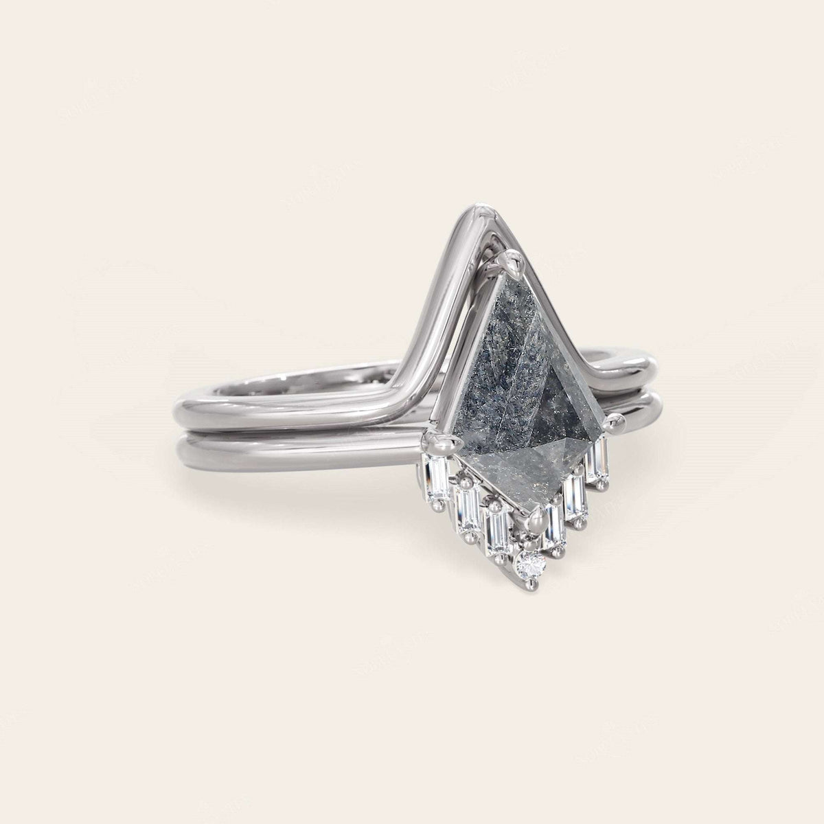Kite Cut Salt and Pepper Engagement Ring & Curved Wedding Band 2pcs