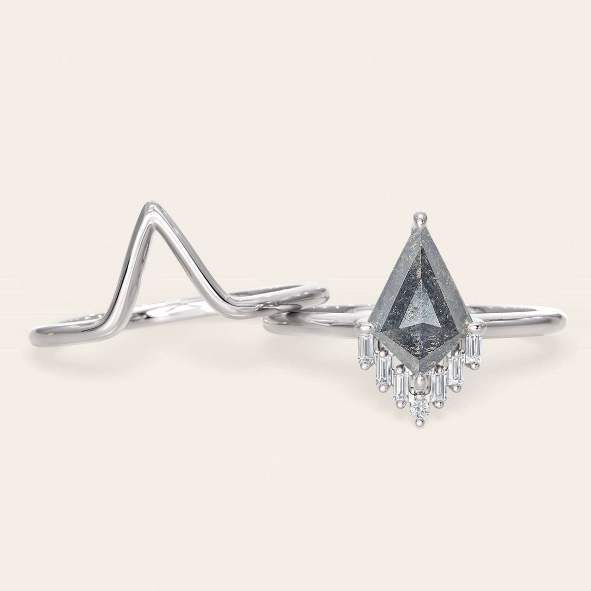 Kite Cut Salt and Pepper Engagement Ring & Curved Wedding Band 2pcs