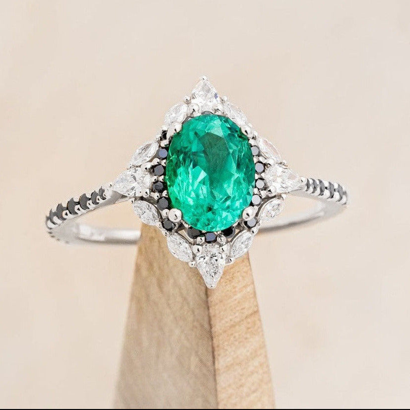 "North Star" - Oval Lab-Grown Emerald Engagement Ring With Diamond Halo & Diamond Accents