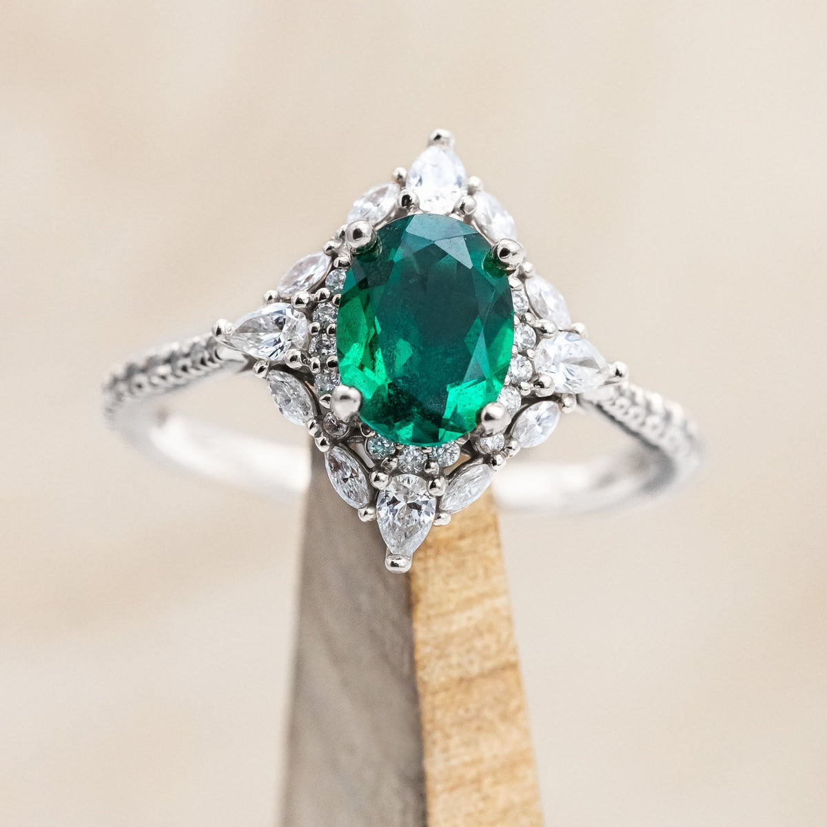 "North Star" - Oval Lab-Grown Emerald Engagement Ring With Diamond Halo & Diamond Accents