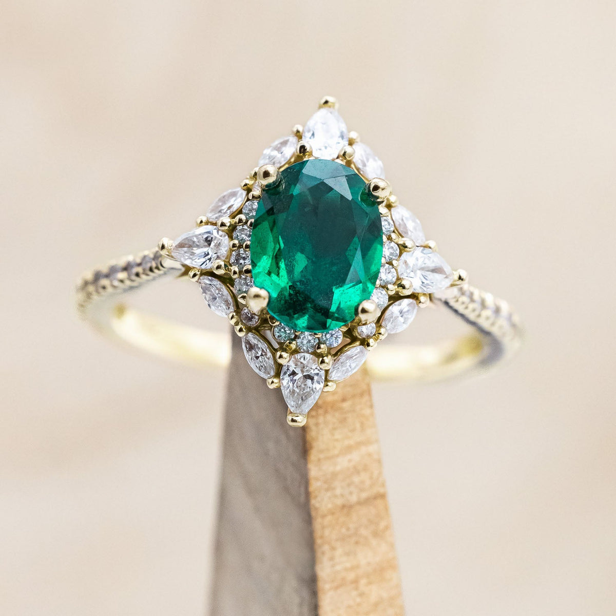 "North Star" - Oval Lab-Grown Emerald Engagement Ring With Diamond Halo & Diamond Accents