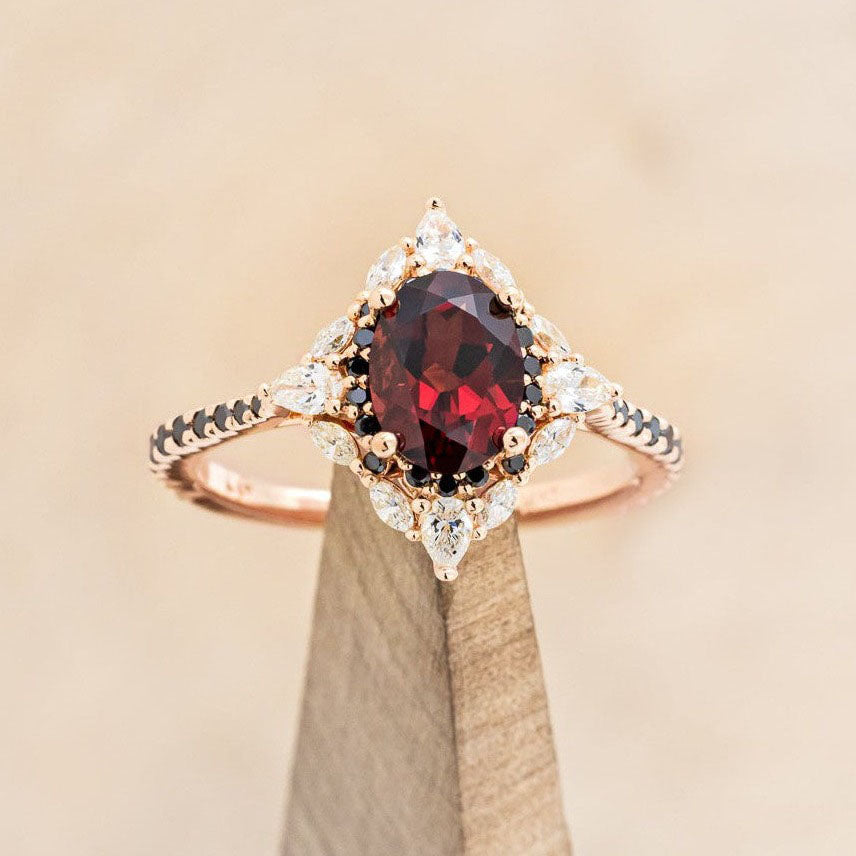 "North Star" - Oval Garnet Engagement Ring With Diamond Halo & Accents