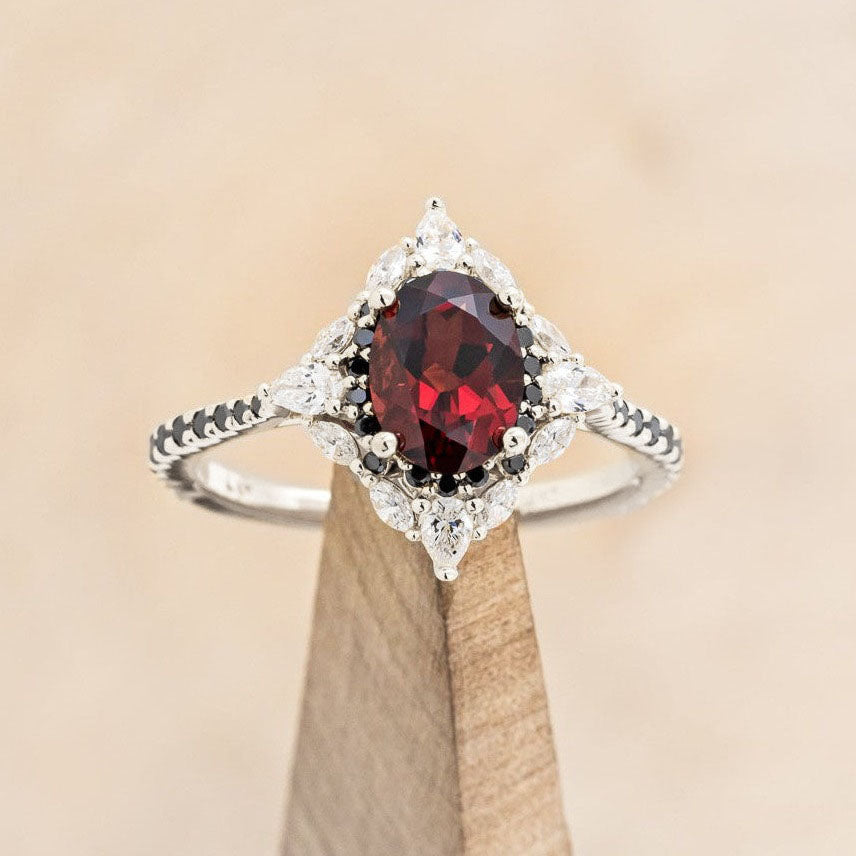 "North Star" - Oval Garnet Engagement Ring With Diamond Halo & Accents