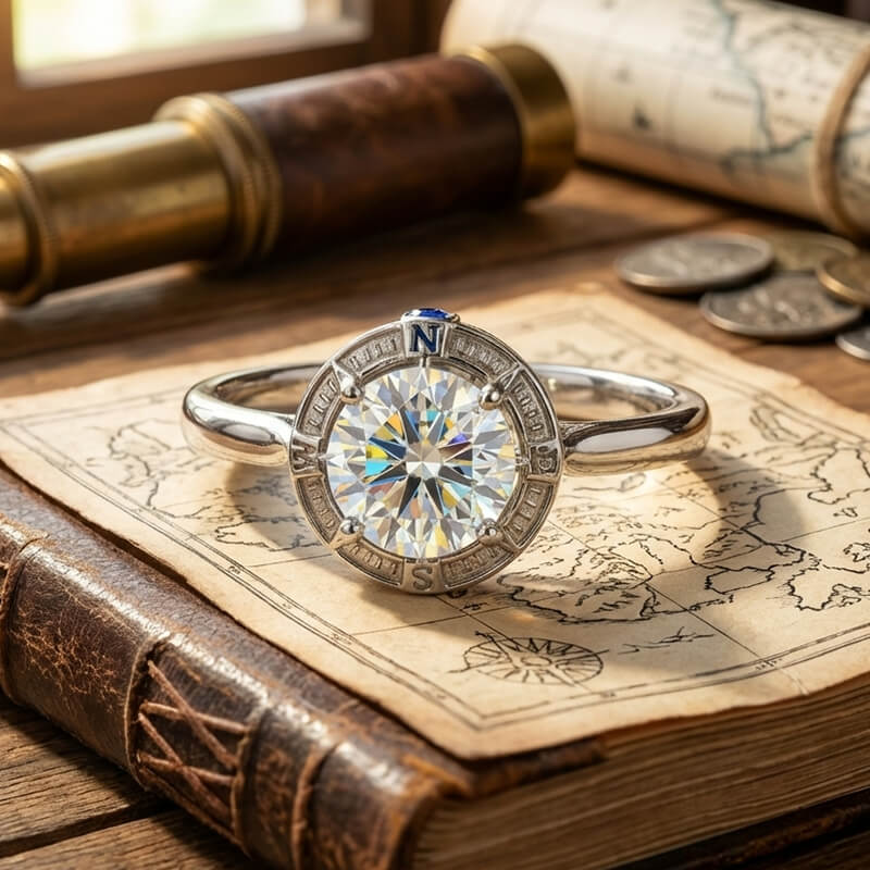 North Star Halo Compass Solitaire Moissanite Engagement Ring