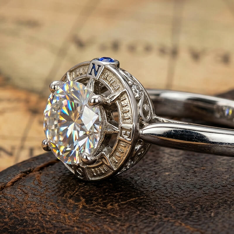 North Star Halo Compass Solitaire Moissanite Engagement Ring