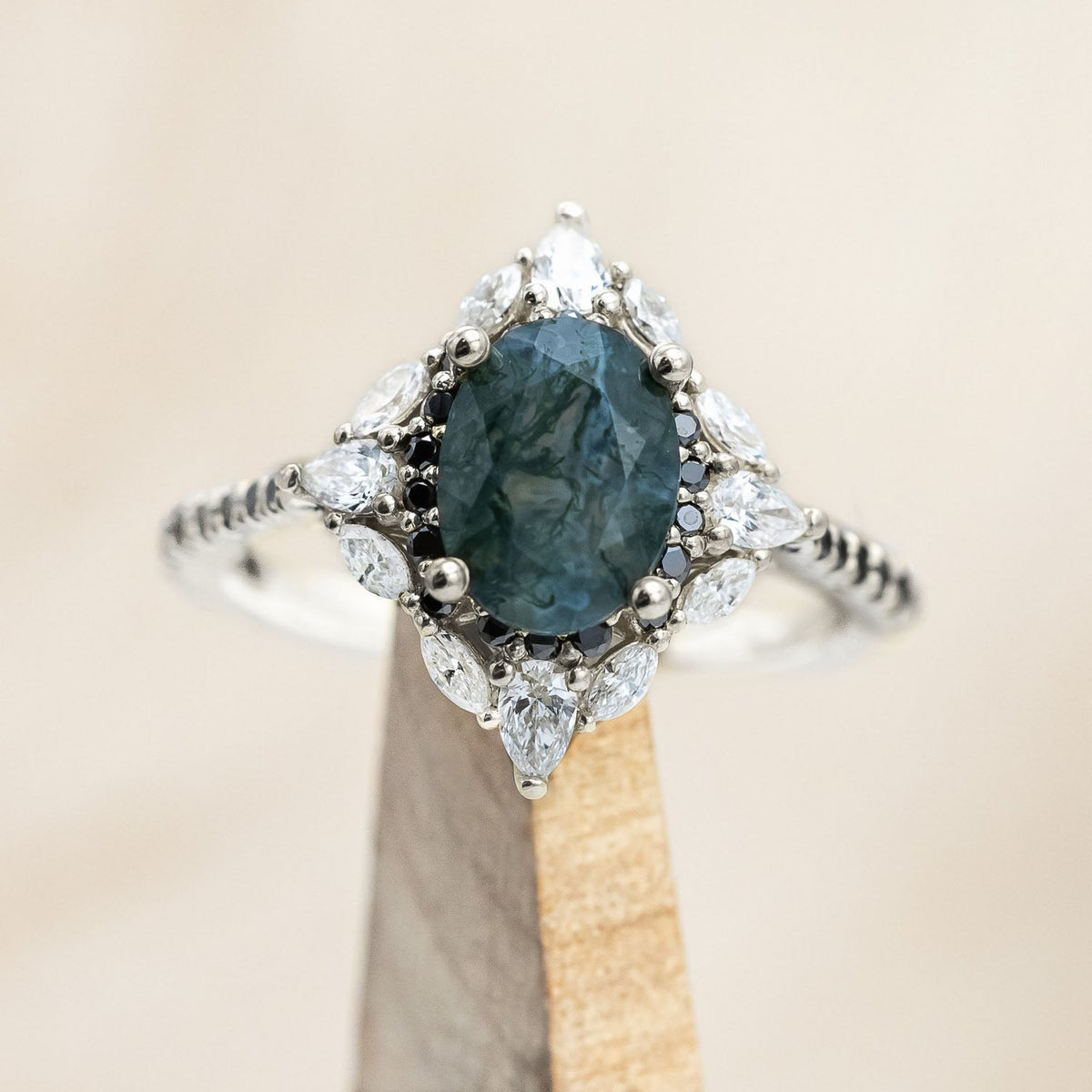 "North Star" - Oval Cut Moss Agate Engagement Ring With A Diamond Tracer