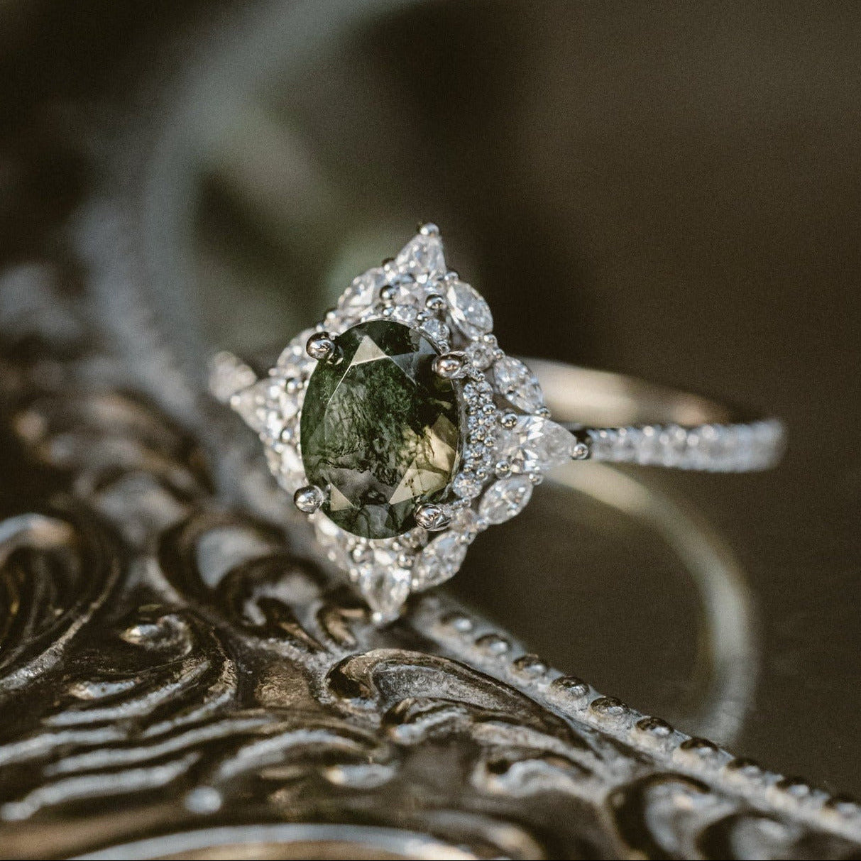 "North Star" - Oval Cut Moss Agate Engagement Ring With A Diamond Tracer