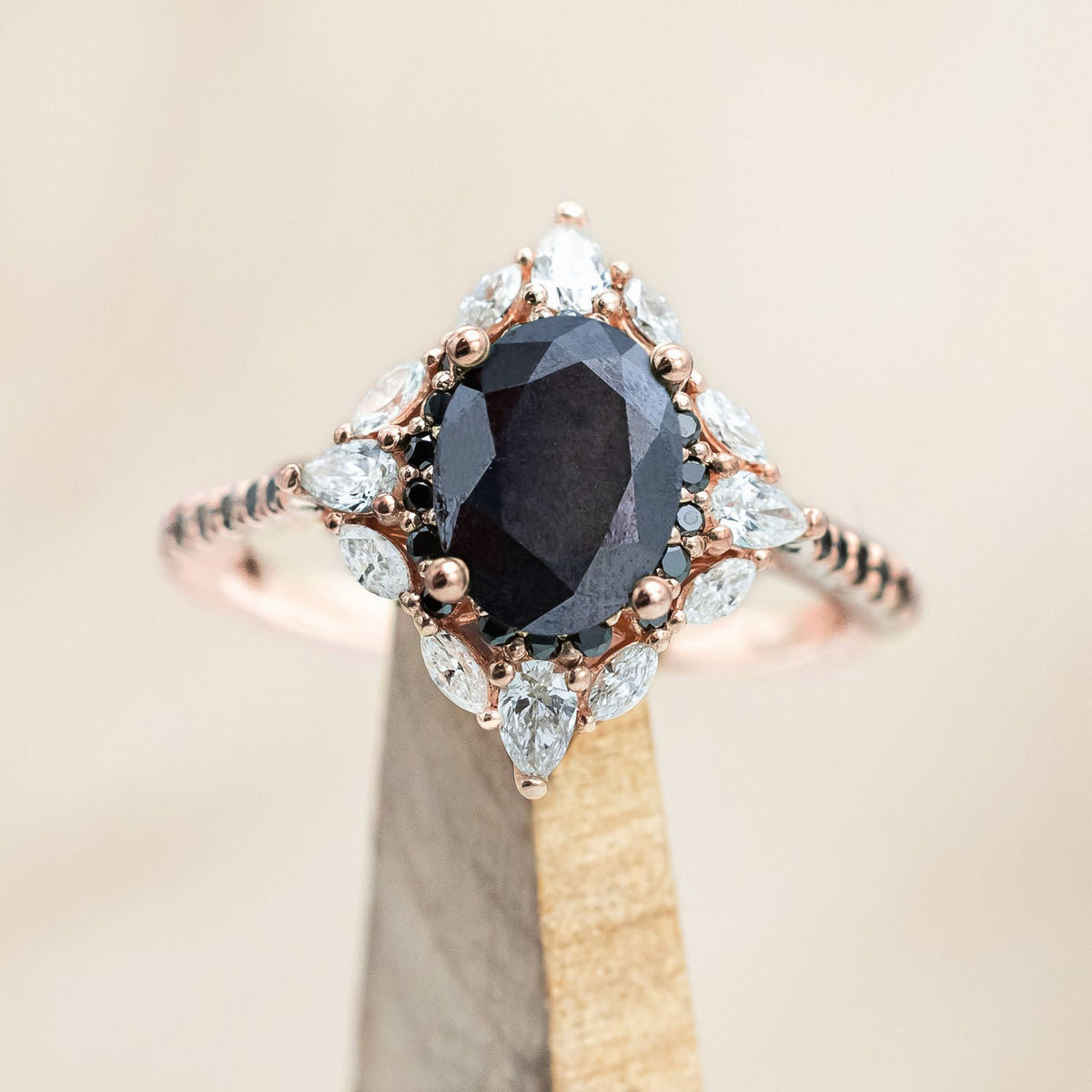 "North Star" - Oval Salt & Pepper Diamond Engagement Ring With Diamond Halo & Accents