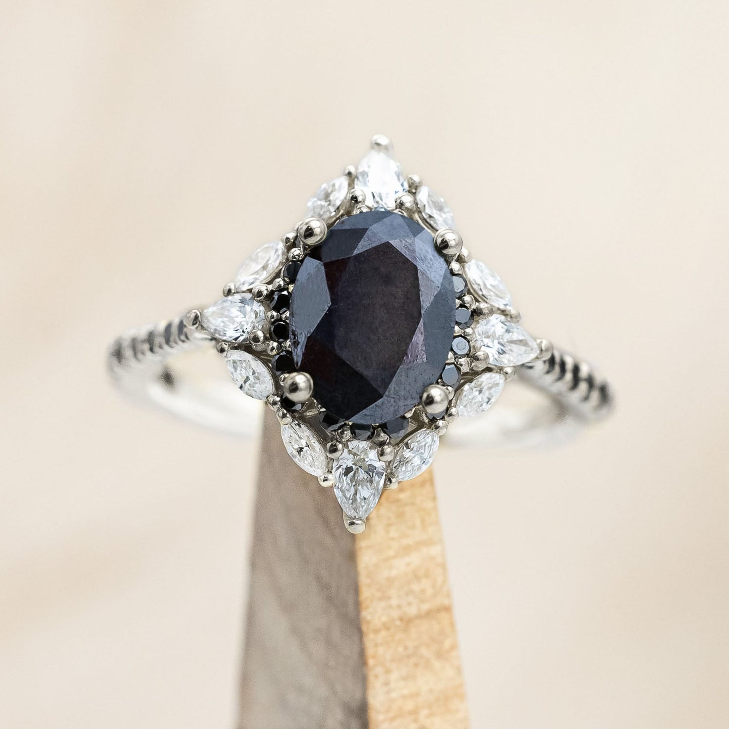 "North Star" - Oval Salt & Pepper Diamond Engagement Ring With Diamond Halo & Accents