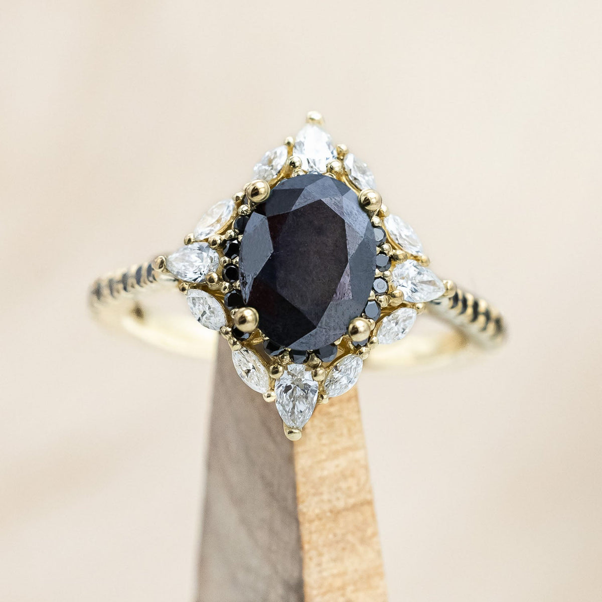 "North Star" - Oval Salt & Pepper Diamond Engagement Ring With Diamond Halo & Accents