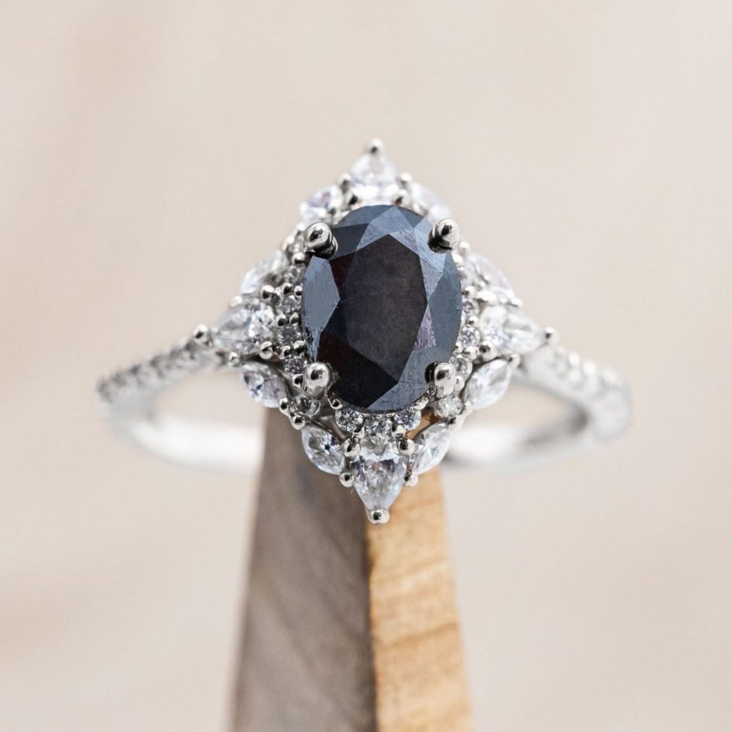 "North Star" - Oval Salt & Pepper Diamond Engagement Ring With Diamond Halo & Accents