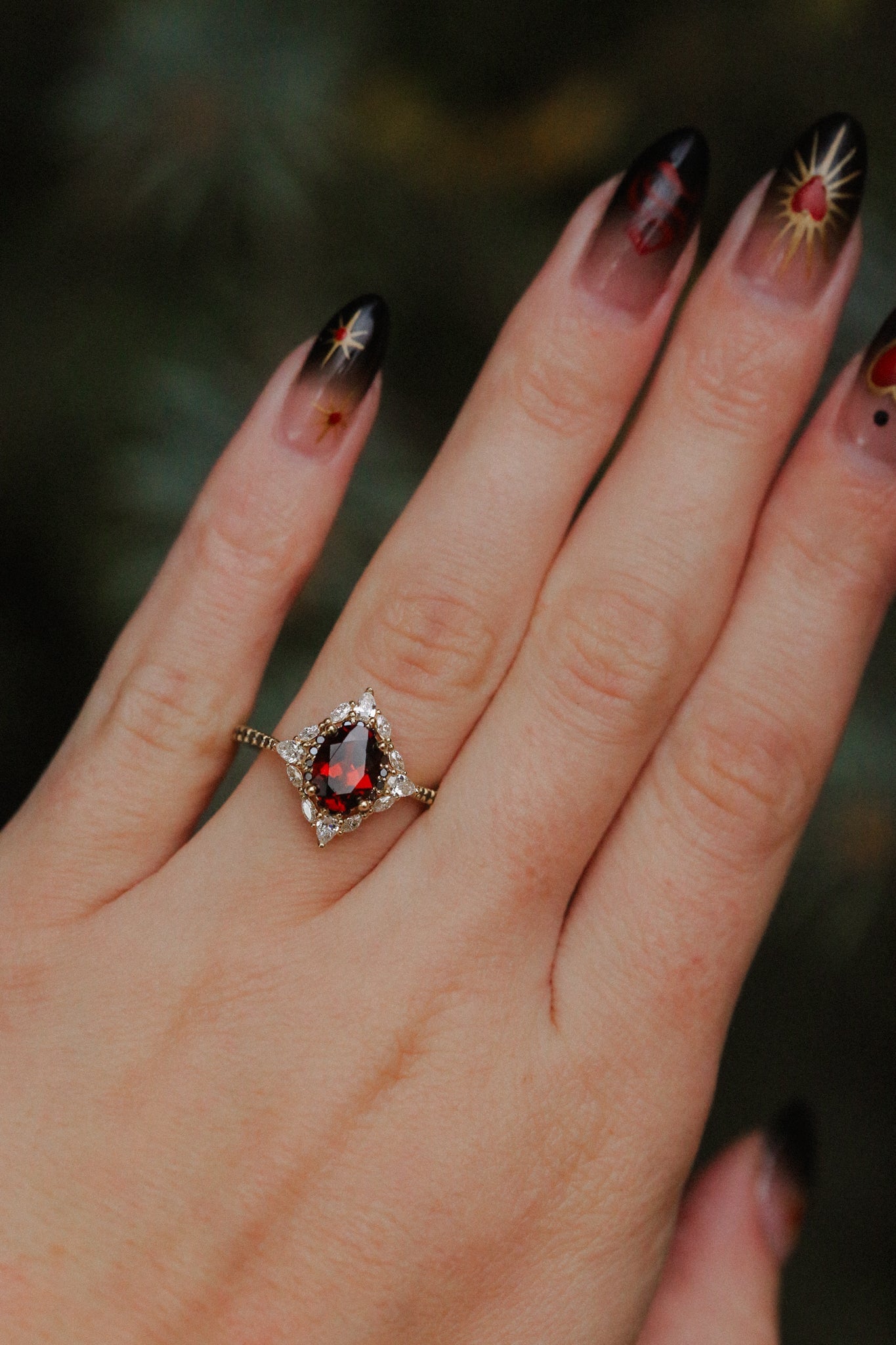 "North Star" - Oval Garnet Engagement Ring With Diamond Halo & Accents