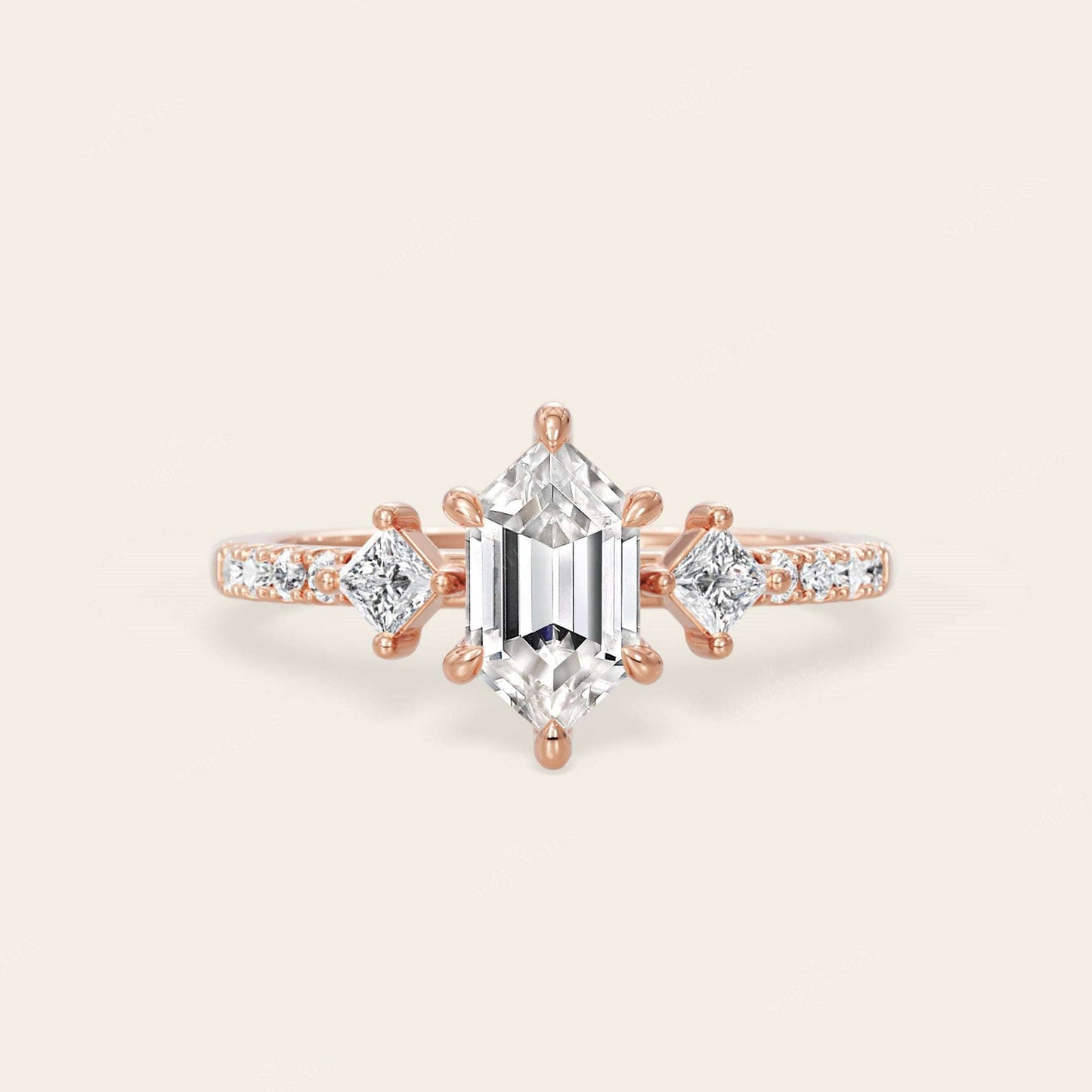 Art Deco Long Hexagon Moissanite Three Stone Engagement Ring