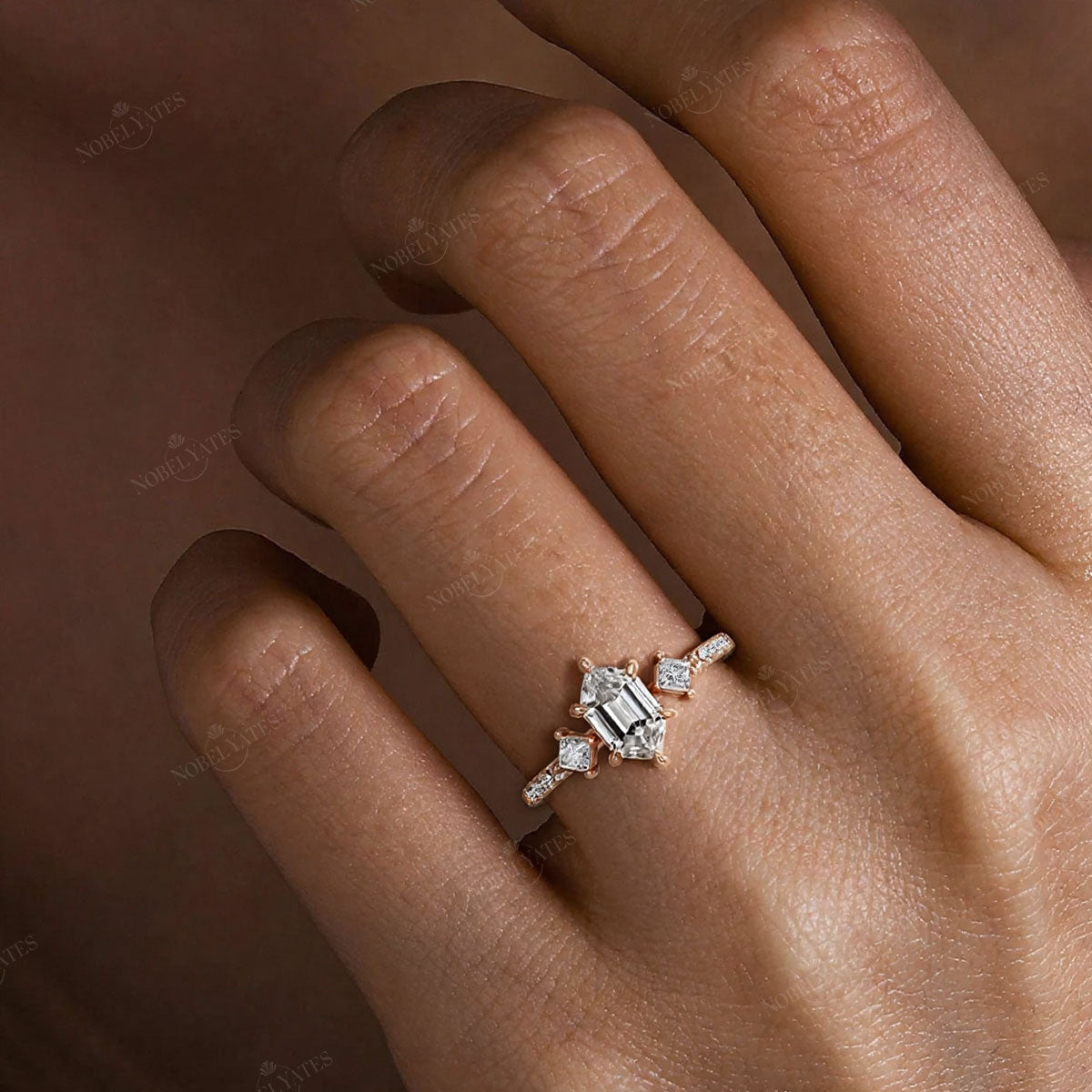 Art Deco Long Hexagon Moissanite Three Stone Engagement Ring