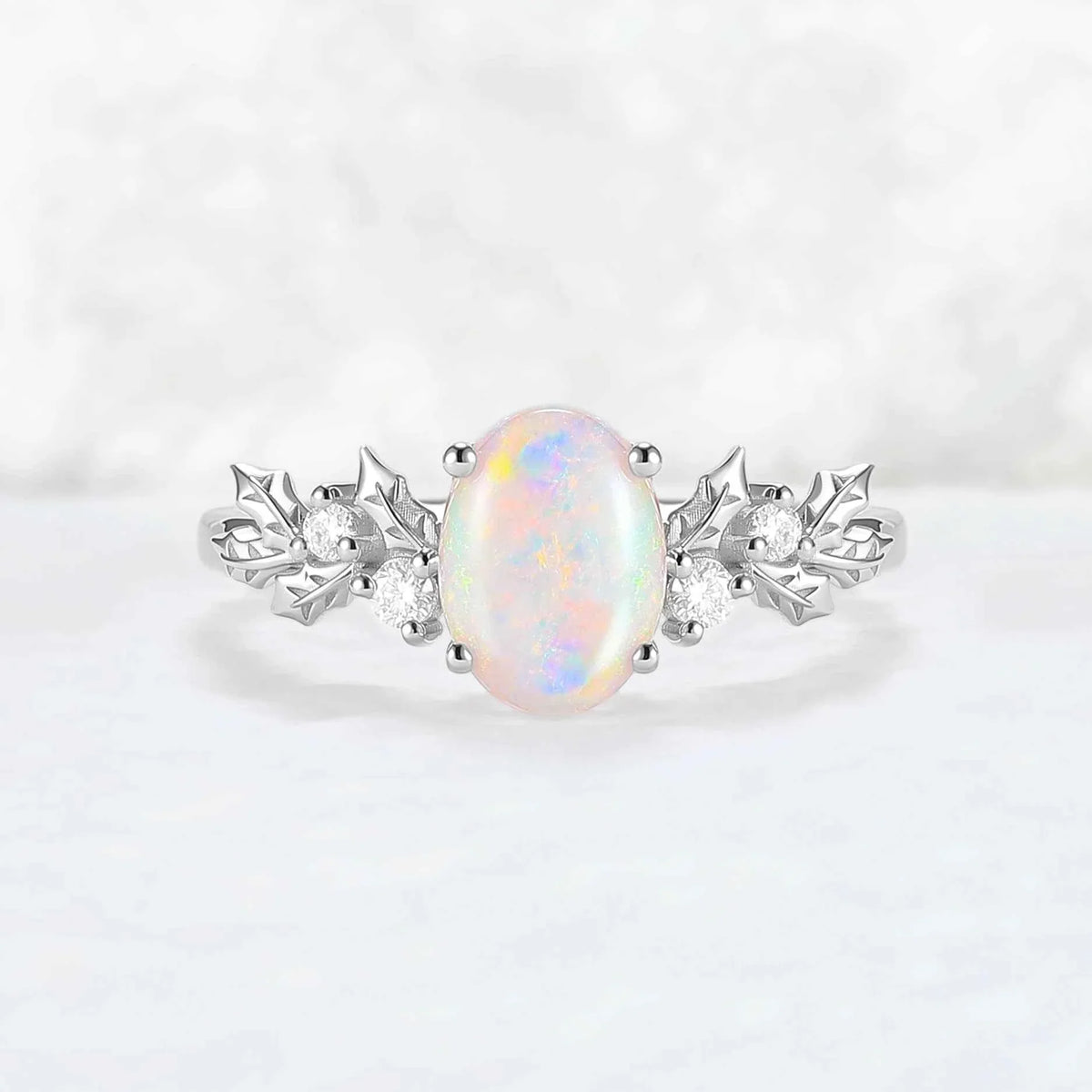 Unique Holly Leafy Oval Natural Opal Engagement Ring