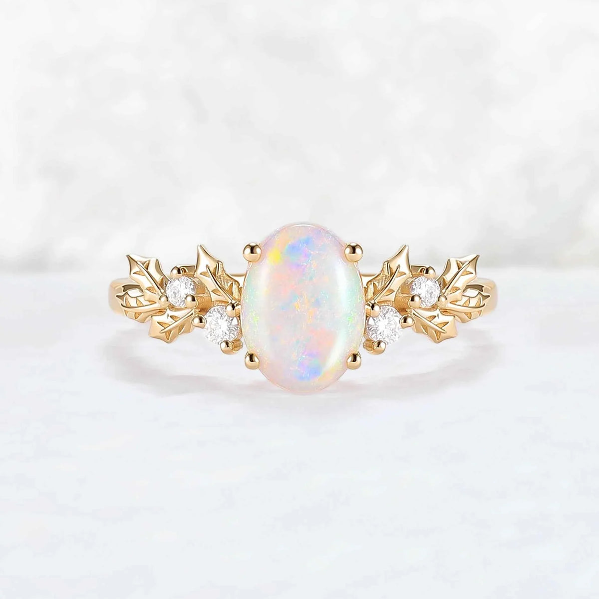 Unique Holly Leafy Oval Natural Opal Engagement Ring