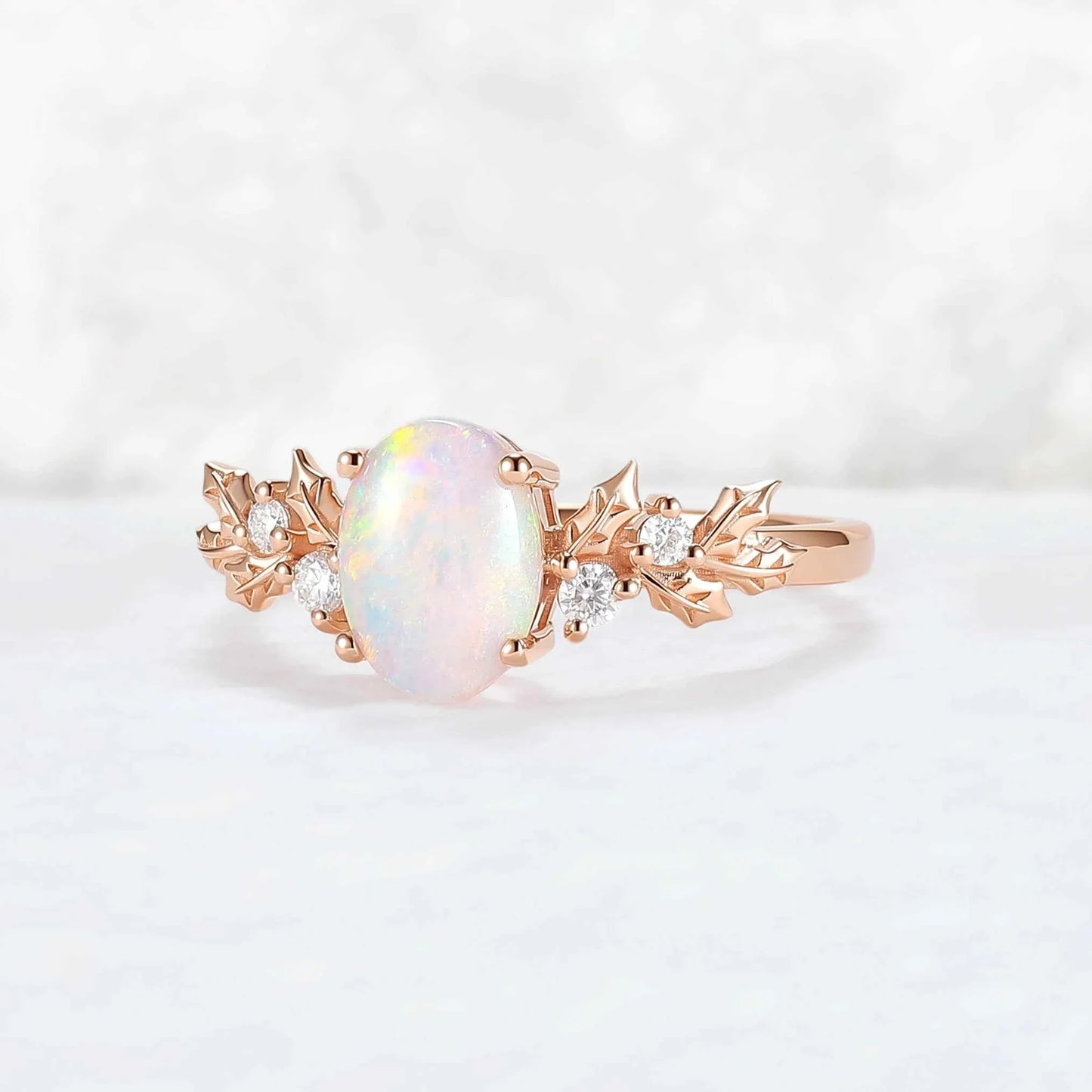 Unique Holly Leafy Oval Natural Opal Engagement Ring