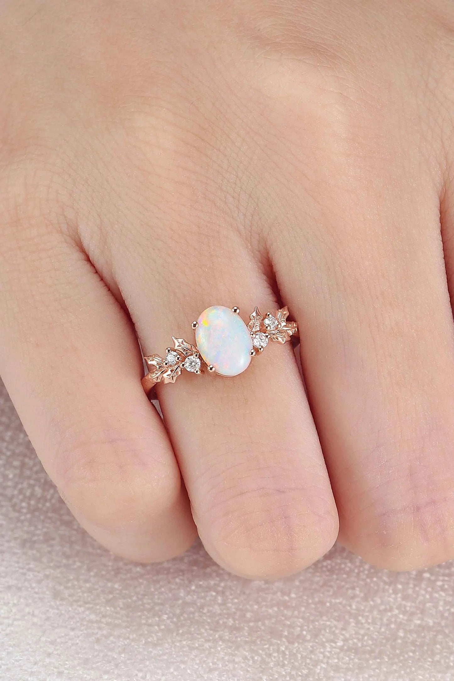 Unique Holly Leafy Oval Natural Opal Engagement Ring
