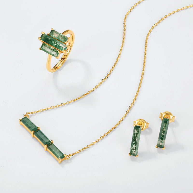 Baguette Cut Moss Agate Classic Pendant - 'Fern'