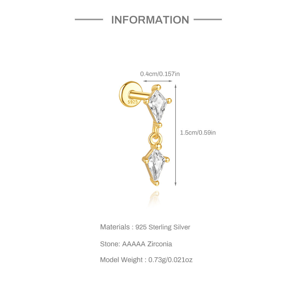 S925 Sterling Silver Gold Plated Double Kite-Cut CZ Chain Dangle Flat Back Cartilage Earring