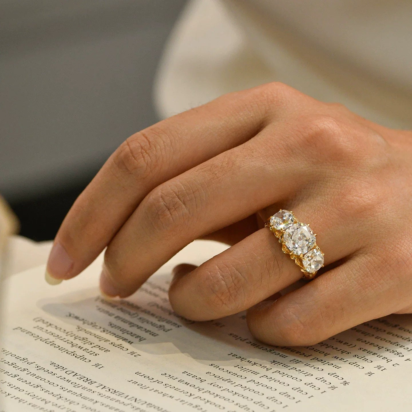 Vintage Three-Stone Cushion Cut Sterling Silver Textured Band Engagement Ring