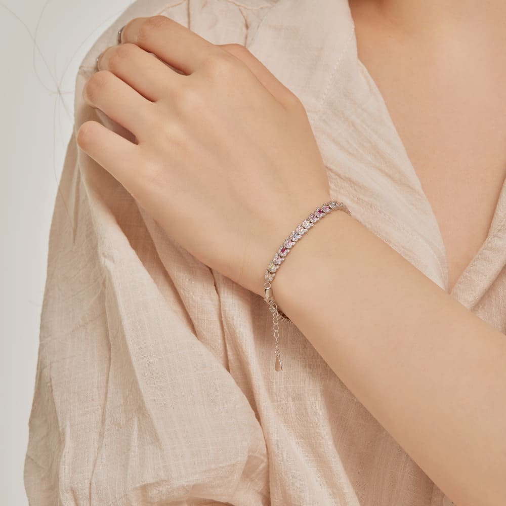 Regal Emerald Cut Bracelet for Women, Accented with Pink, Ruby, Aquamarine, and Yellow Stones