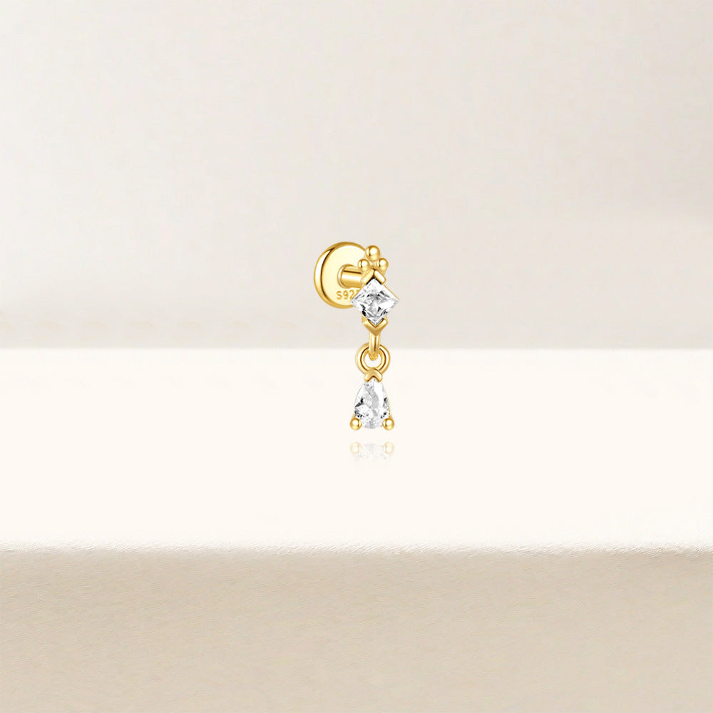 S925 Sterling Silver Gold Plated Princess & Pear Cut CZ Dangle Flat Back Cartilage Earring