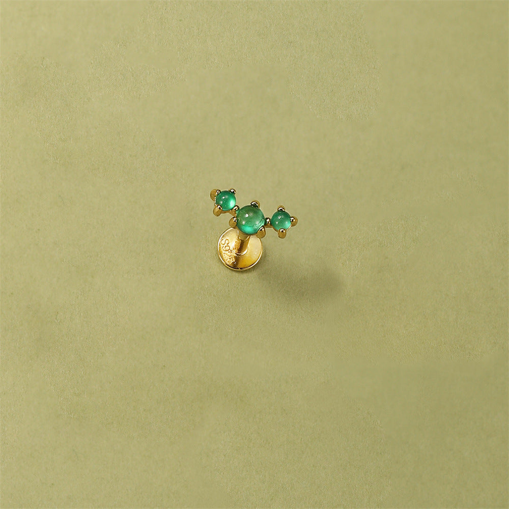 S925 Sterling Silver Gold Plated Three-Stone Green Zircon Linear Flat Back Cartilage Earring