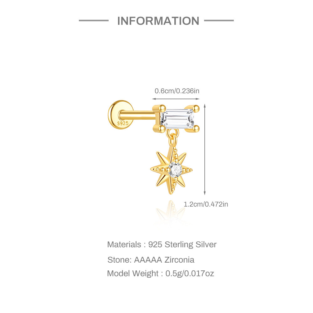 S925 Sterling Silver Gold Plated Baguette CZ with North Star Dangle Flat Back Cartilage Earring
