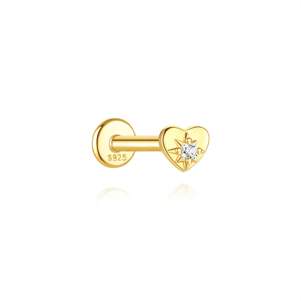 S925 Sterling Silver Gold Plated Heart with Starburst CZ Flat Back Cartilage Earring