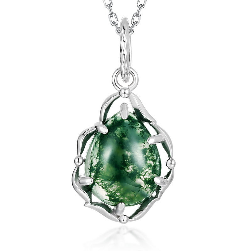 Pear Cut Moss Agate Vintage Pendant - 'Flora'