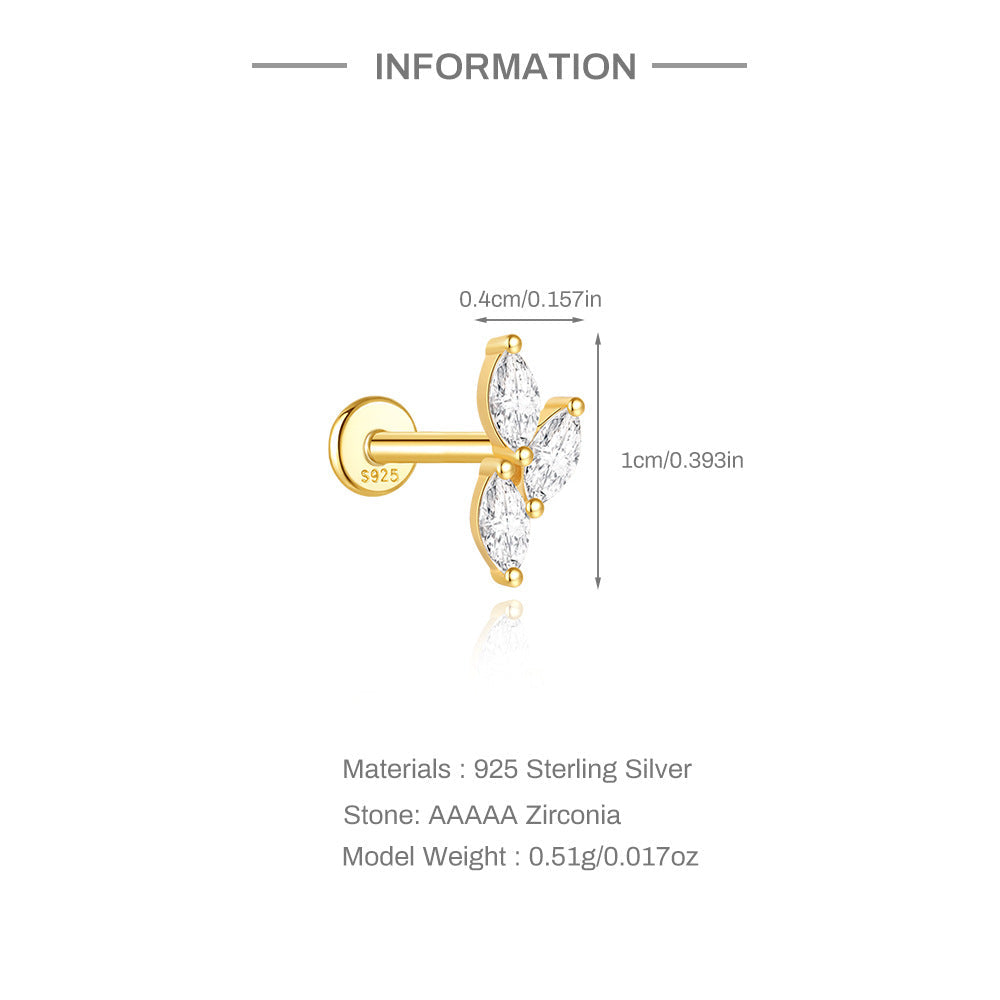 S925 Sterling Silver Gold Plated Three Marquise CZ Leaf Flat Back Cartilage Earring