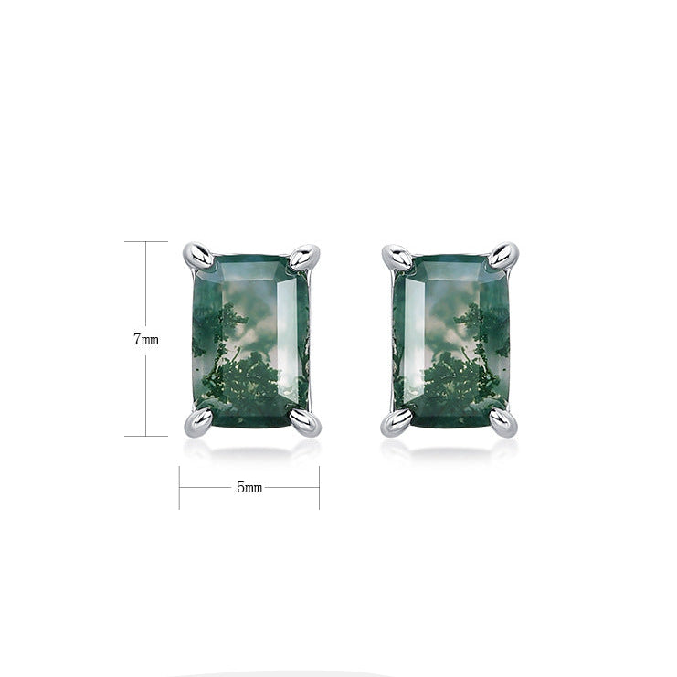 Mossgrove - Emerald Cut Moss Agate Solitaire Classic Stud Earrings