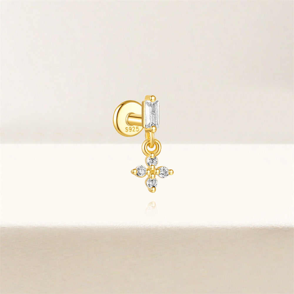 S925 Sterling Silver Gold Plated Baguette CZ Cross Charm Flat Back Cartilage Earring