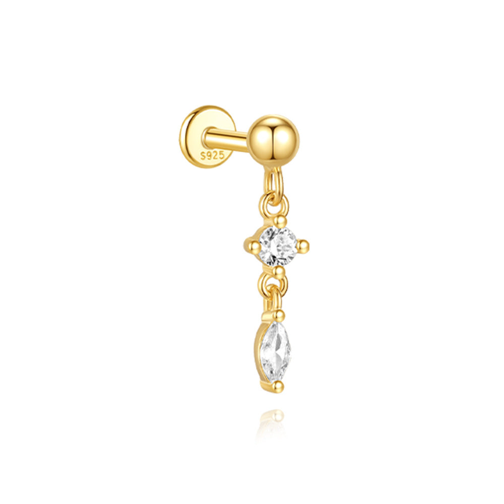 S925 Sterling Silver Gold Plated Round & Marquise CZ Chain Dangle Flat Back Cartilage Earring