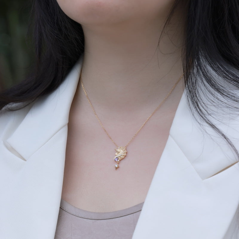 Handcrafted Brushed Gold Unicorn Necklace -Plated Amethyst Pendant