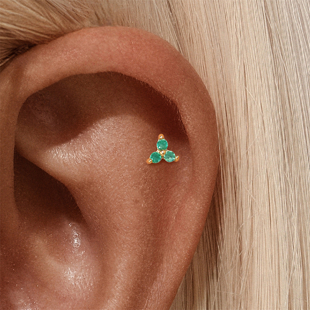 S925 Sterling Silver Gold Plated Trio Green Zircon Flat Back Cartilage Earring