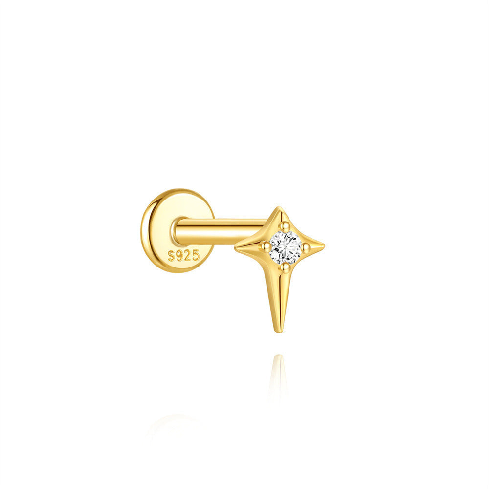 S925 Sterling Silver Gold Plated North Star CZ Flat Back Cartilage Earring