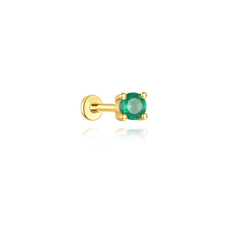 S925 Sterling Silver Gold Plated Round Green Zircon Four-Prong Flat Back Cartilage Earring
