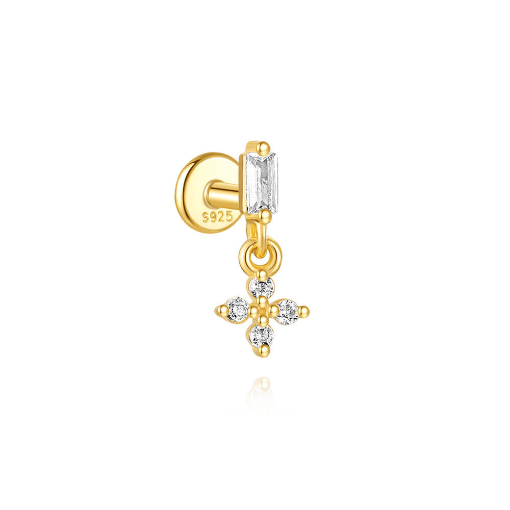 S925 Sterling Silver Gold Plated Baguette CZ Cross Charm Flat Back Cartilage Earring