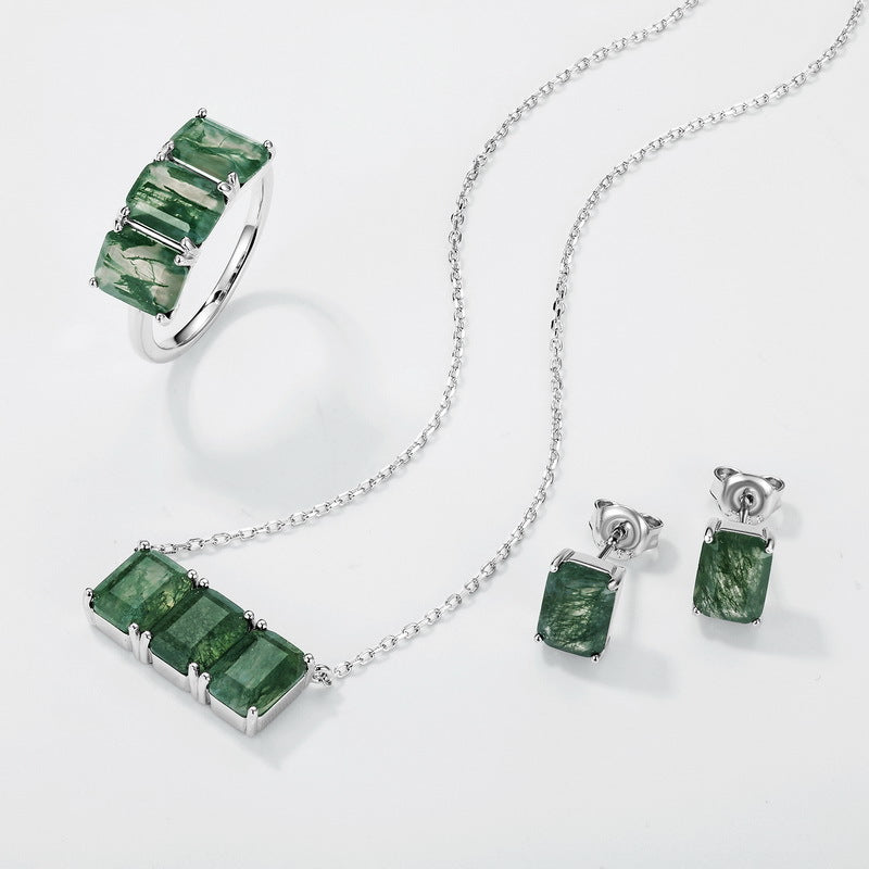 Emerald Cut Moss Agate Triple Stone Minimalist Necklace For Girlfriend - "Verdant Veil"