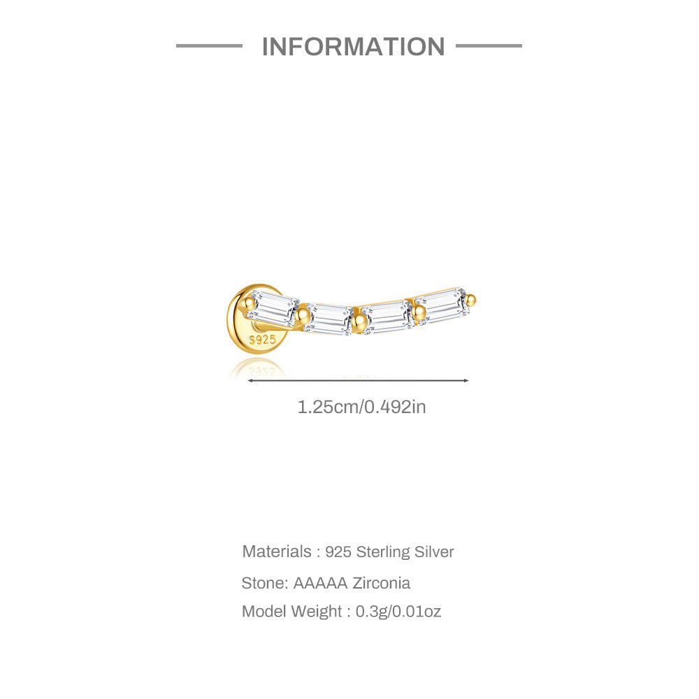 S925 Sterling Silver Gold Plated Curved Baguette CZ Line Flat Back Cartilage Earring