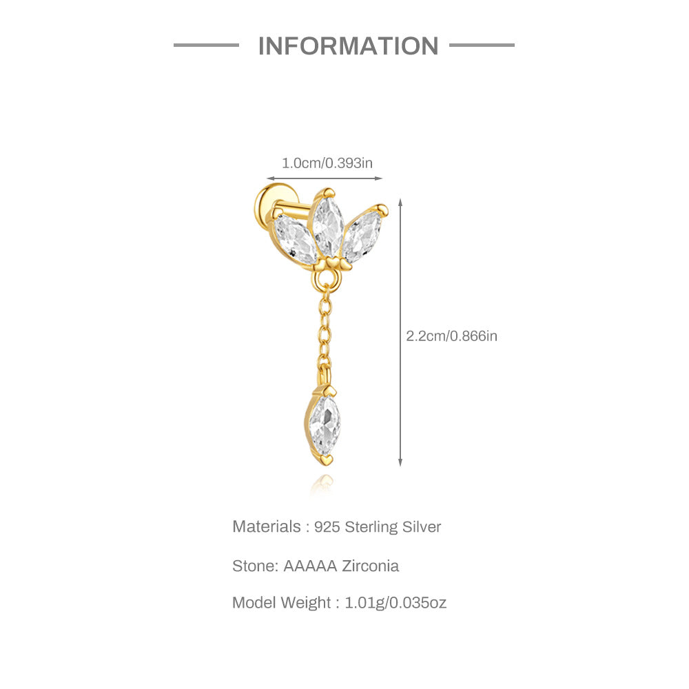 S925 Sterling Silver Gold Plated Marquise CZ Flower Chain Dangle Flat Back Cartilage Earring